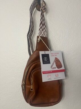 Amazon Faux Leather Sling Bag - Brown with Patterned Strap